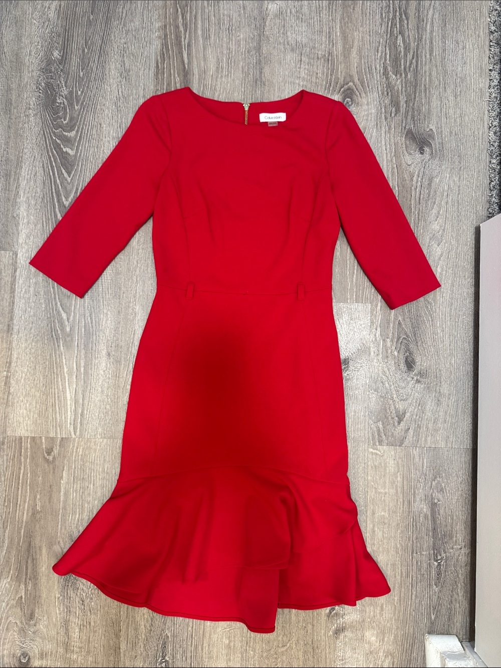 Calvin Klein Red Midi Dress with Flounce Hem